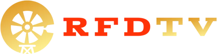 Logo for RFD-TV featuring a gold windmill icon next to the red and gold text RFDTV, often used for Gaither TV listings.