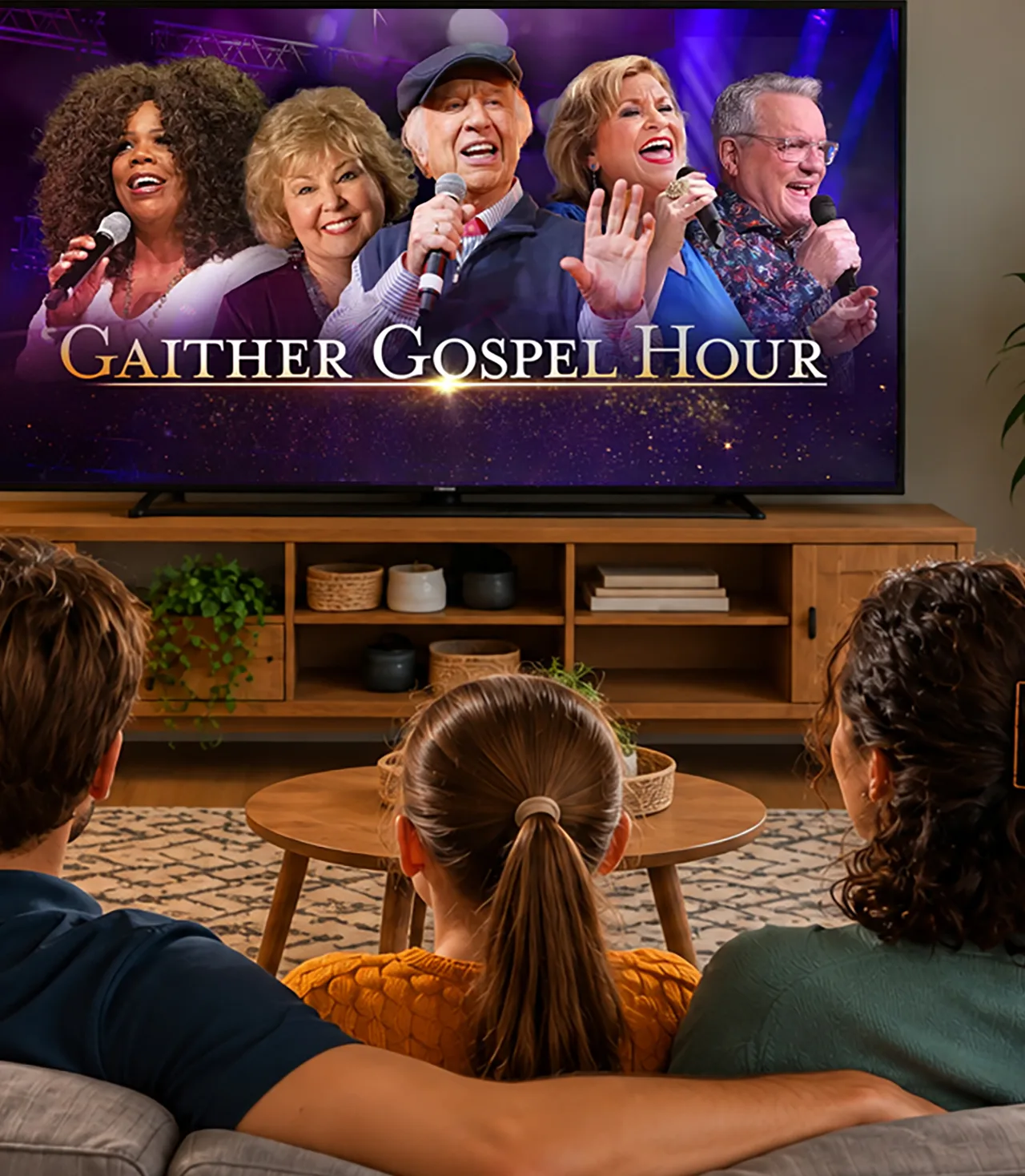 A family watching Gaither Gospel Hour on tv