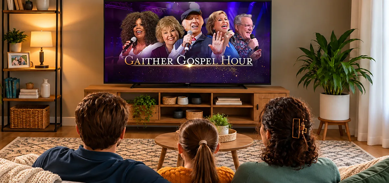 A family watching Gaither Gospel Hour on living room tv